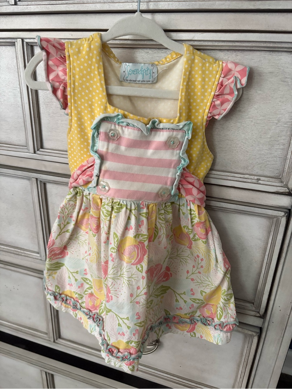 Serendipity Designs Floral Yellow Pink Striped Baby girl dress